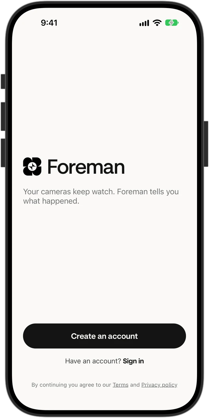 The Foreman app's first screen with the Create an account button