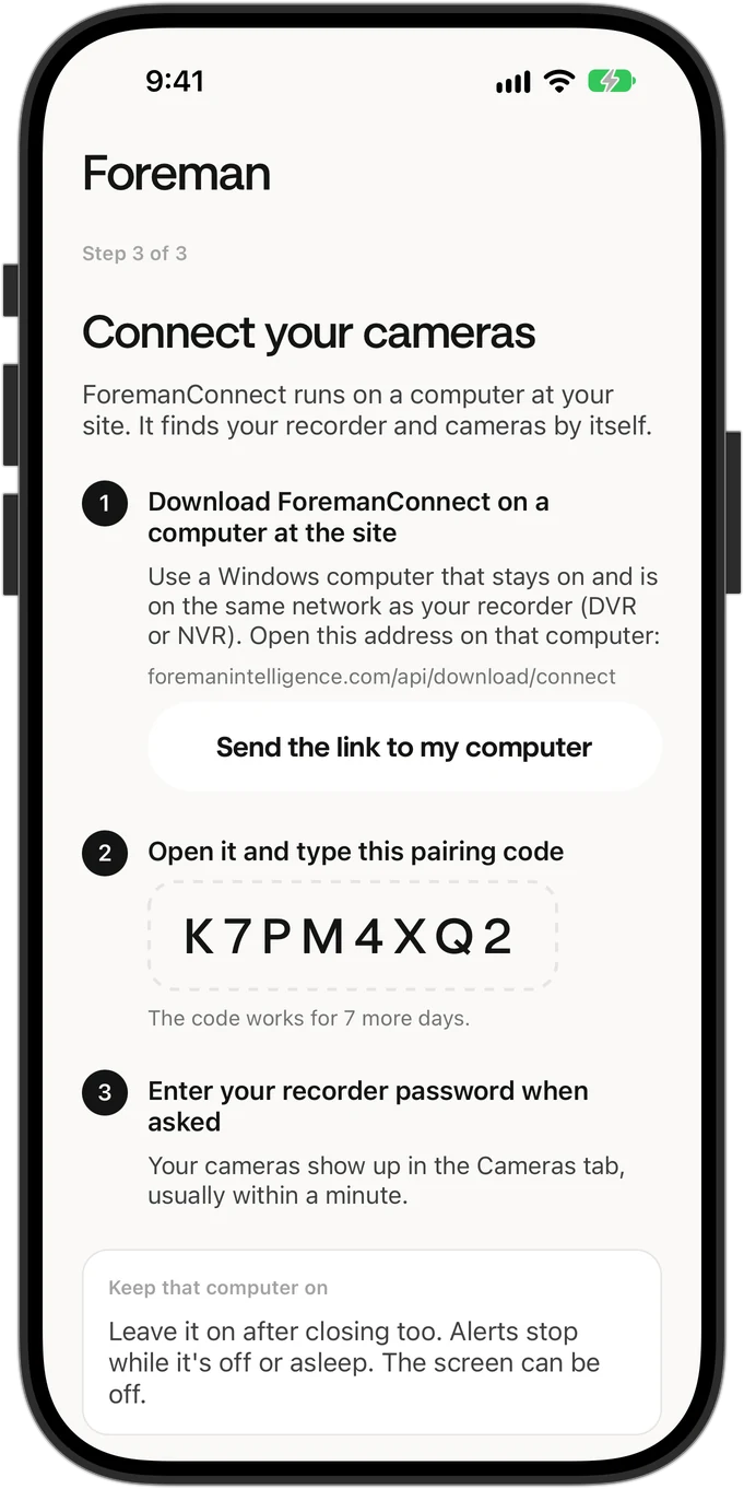 The pairing code and the three connect steps in the Foreman app