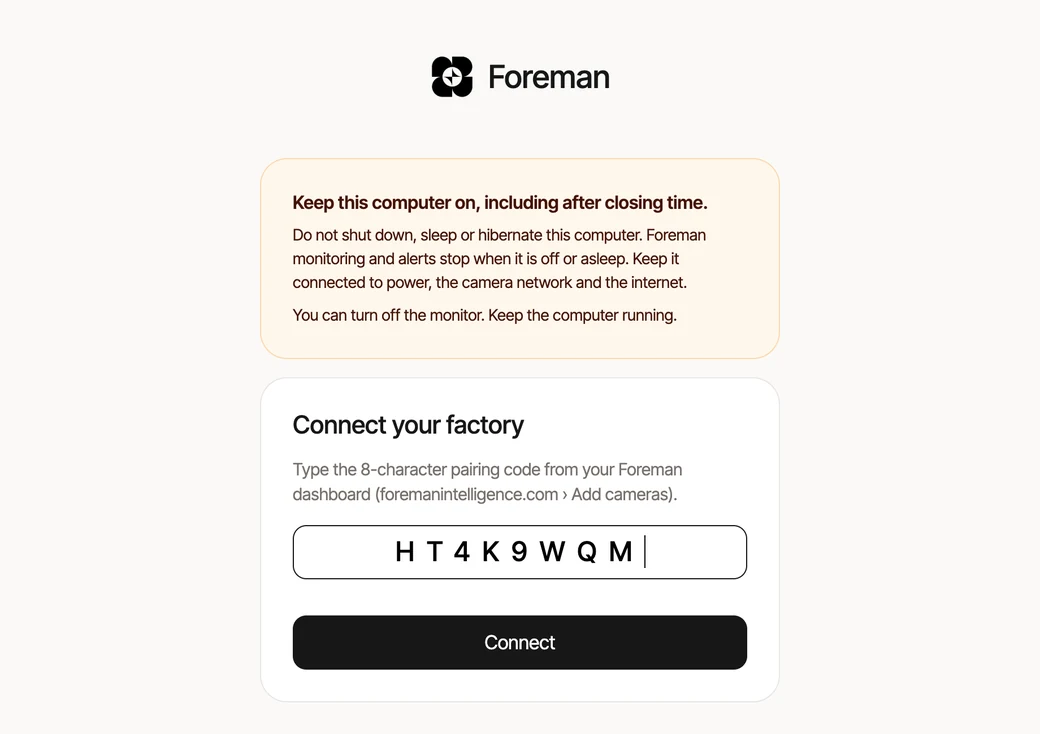 Foreman Connect asking for the pairing code