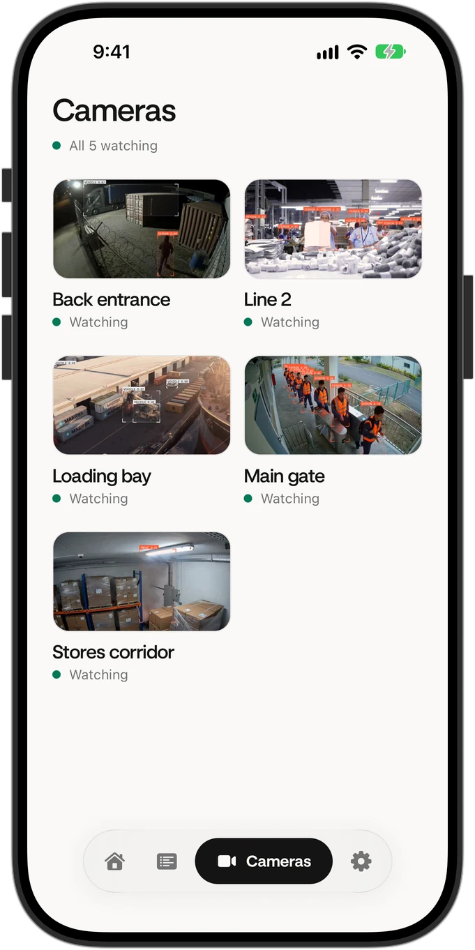 The Cameras tab in the Foreman app with every camera watching